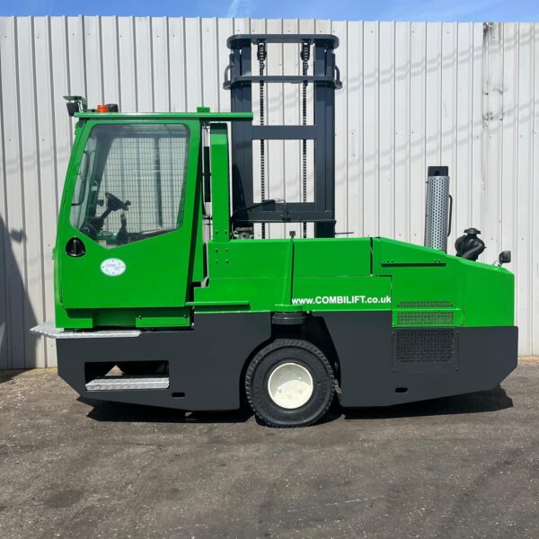 Side view of green COMBILIFT C5000sl used diesel sideloader forklift.