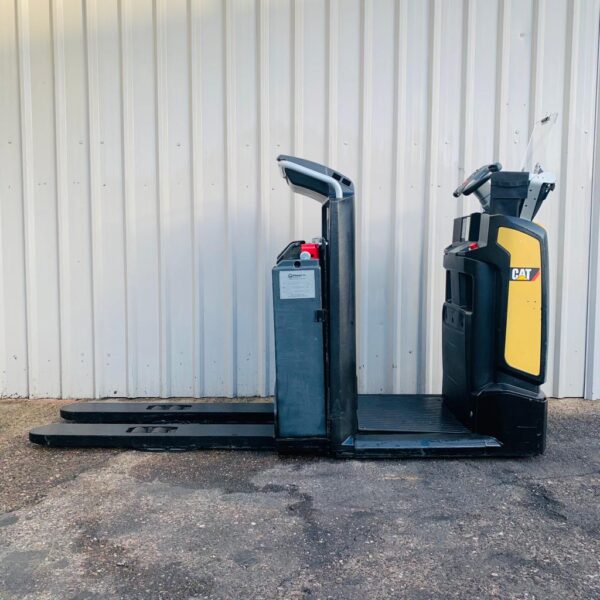 Side view of yellow CAT NO2ONE electric pallet forklift