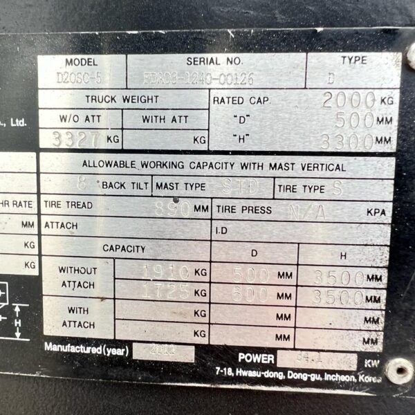 DOOSAN D20sc-5 USED DIESEL FORKLIFT (#4680)